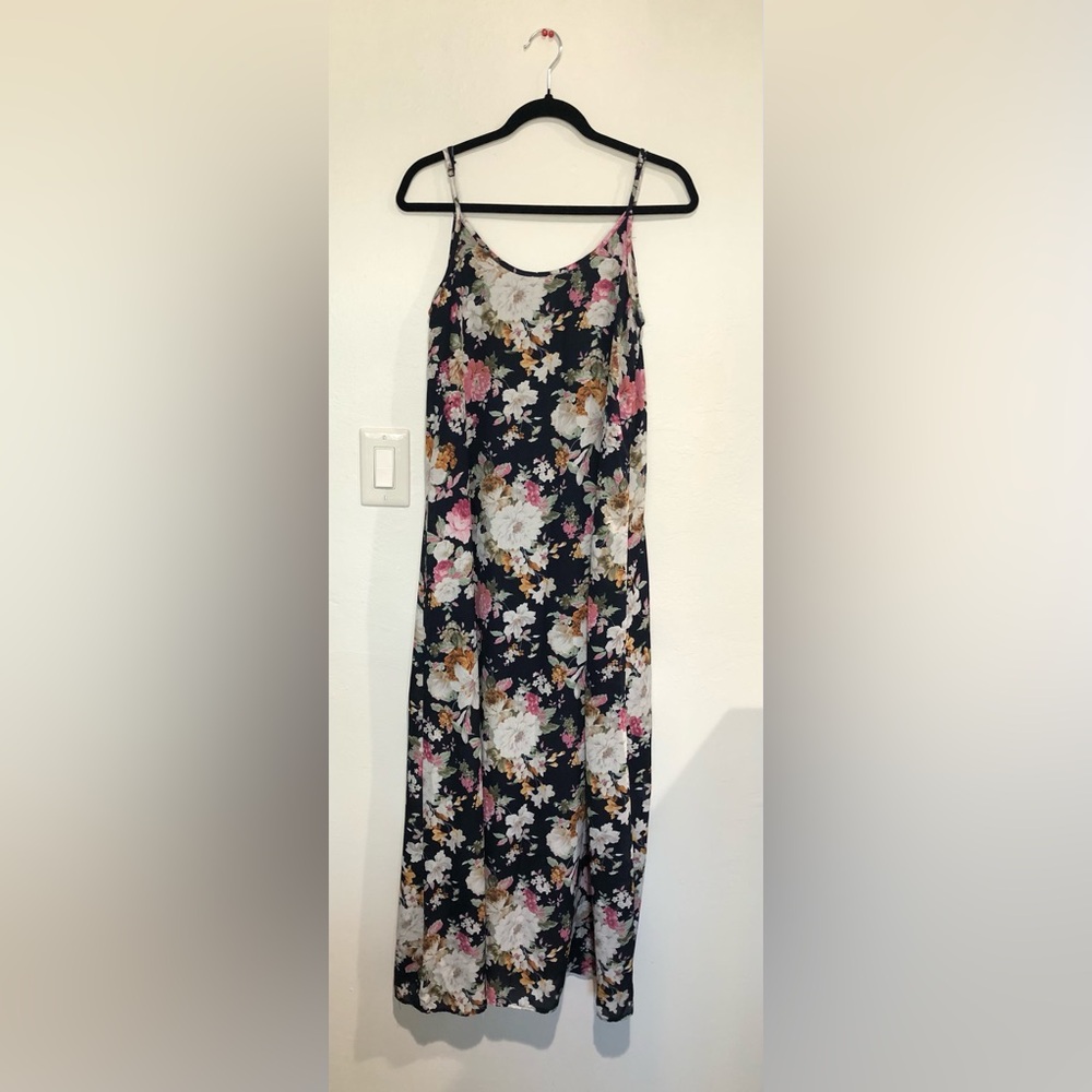Slip summer dress, flower print, polyester, partially lined, size S, maxi length